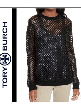 Tory Burch Black Lansing Merino Wool Blend Open Knit Sequin Sweater Women's M